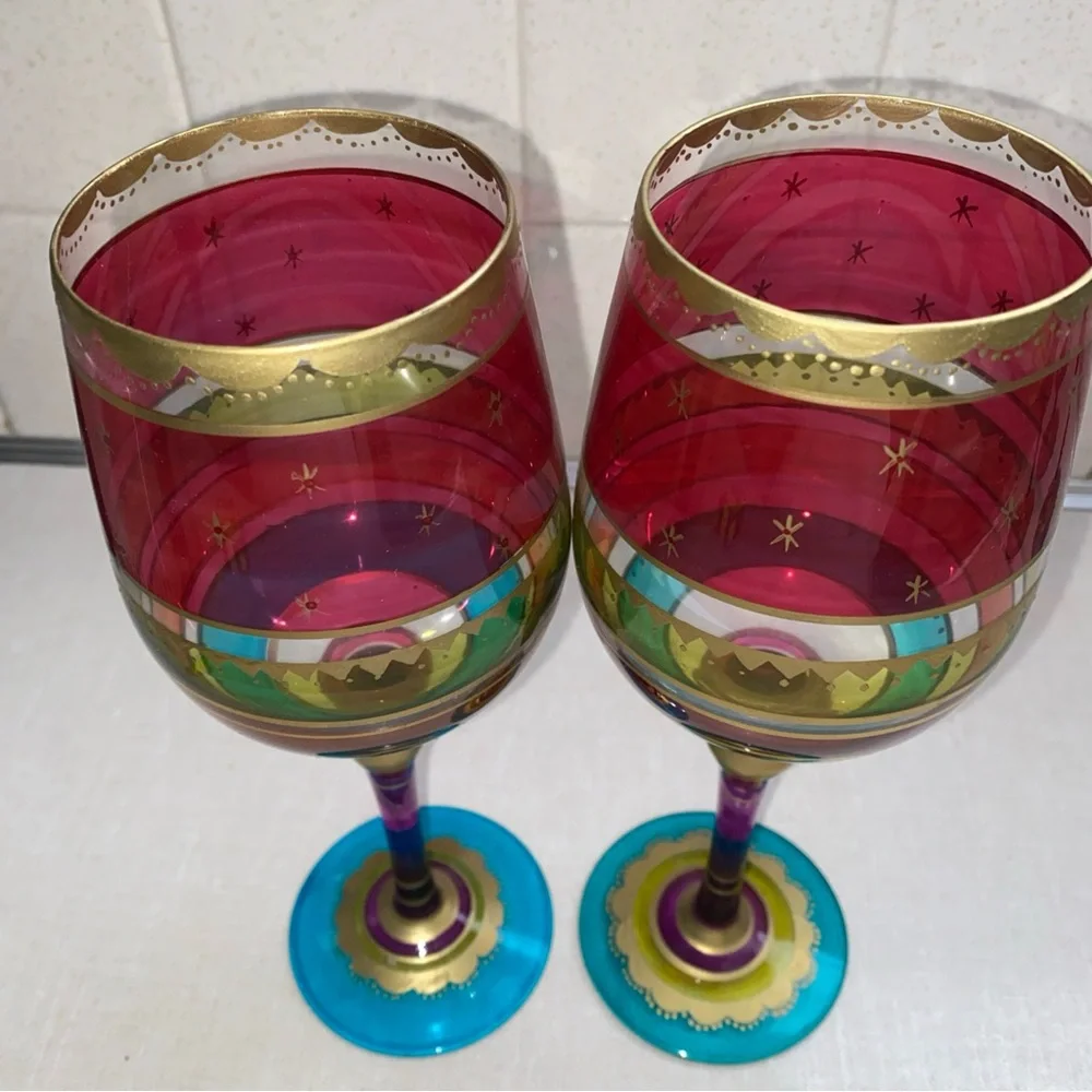 Pier 1 Festive Holiday Stripe Red Gold Purple Blue Wine Glass Set Hand‎ Painted